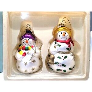 Partylite Snowman Glass Christmas Ornaments Snowbell Boy & Girl Set